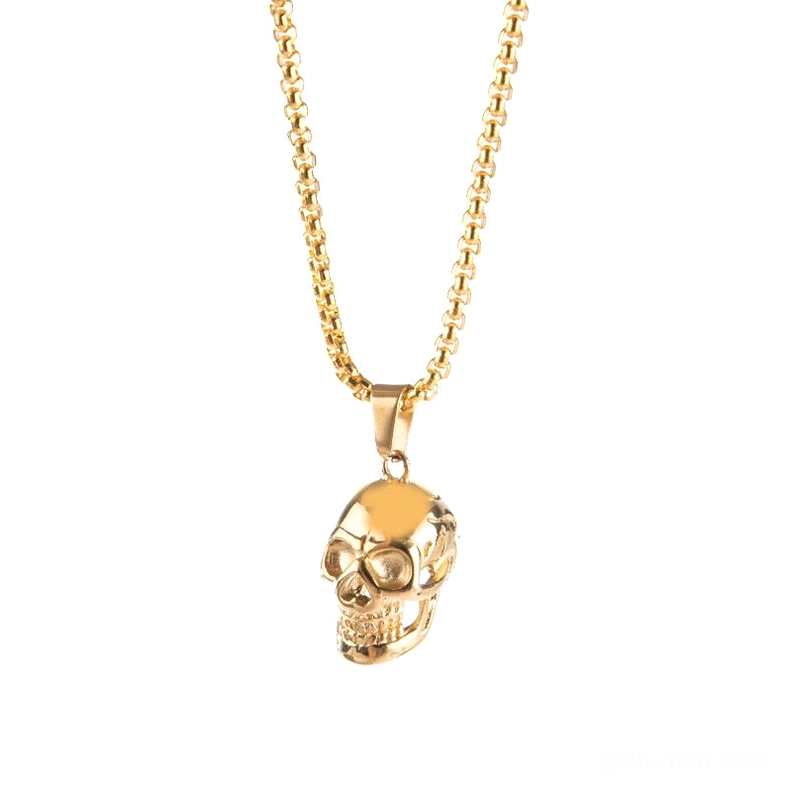 Gold stainless steel skull pendant necklace with lustrous finish and sturdy box chain, front view on white background