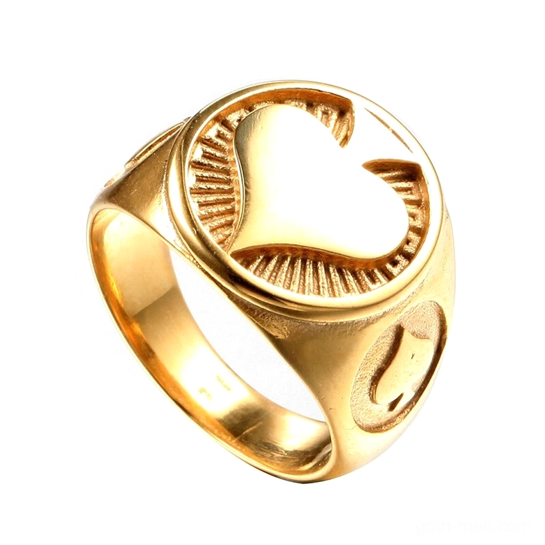 Gold gothic spade ring detail, polished finish with radial texture background