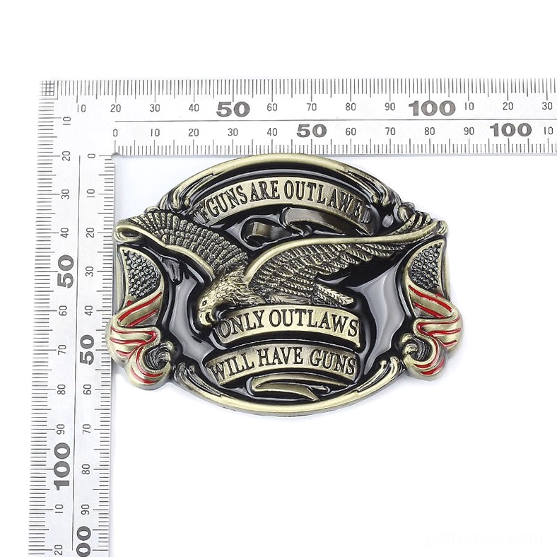 Brass gold tone eagle gothic belt buckle with US flag styling and size ruler for scale reference