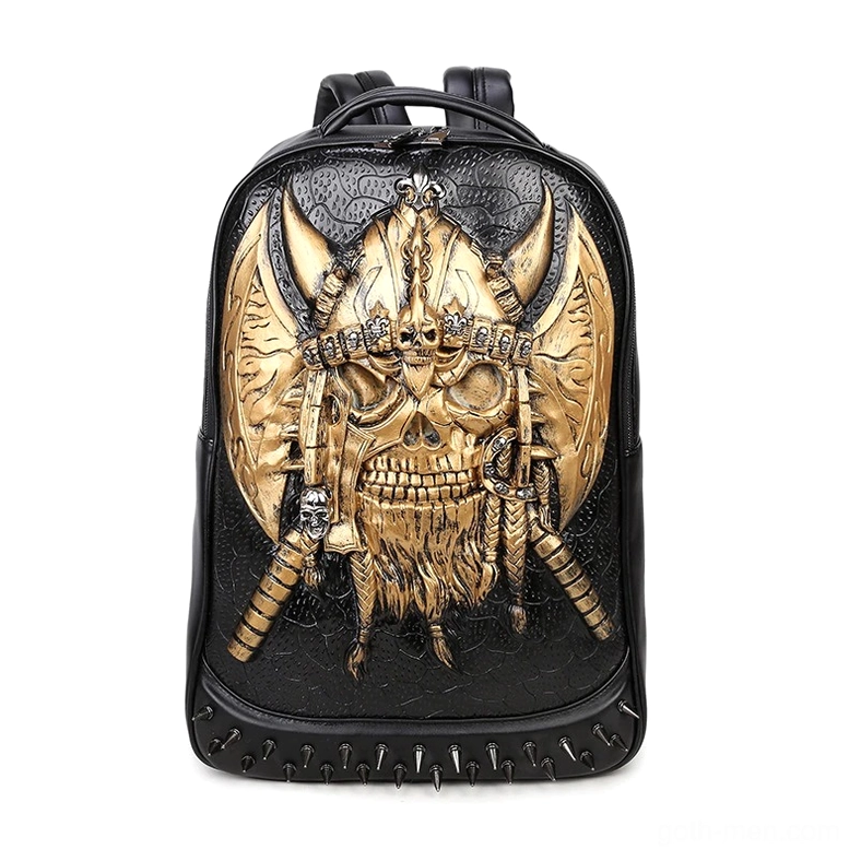 Gold viking skull embossed gothic leather backpack with studded bottom edge