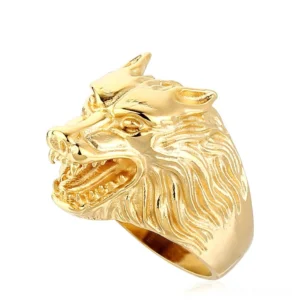 Gold tone wolf head alternative jewelry ring showcasing polished finish and intricate mane details