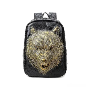 Gold 3D wolf head gothic backpack with metallic gold wolf ornament on black PU leather - front showcase