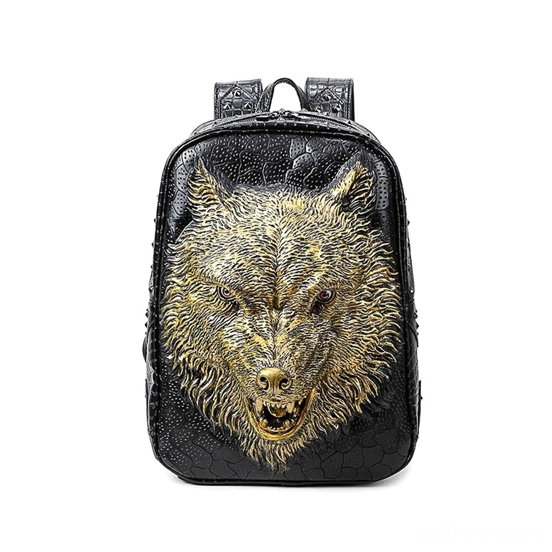 Gold 3D wolf head gothic backpack with metallic gold wolf ornament on black PU leather - front showcase