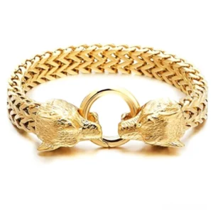 Gold polished wolf head stainless steel gothic bracelet with double wolf clasp and link chain overhead view