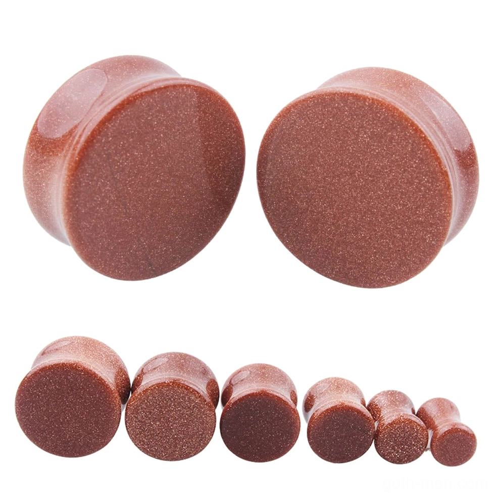 Golden sand stone ear plugs and gauges in multiple sizes - gothic flesh tunnel expanders in warm brown polished finish showing flat front and side display