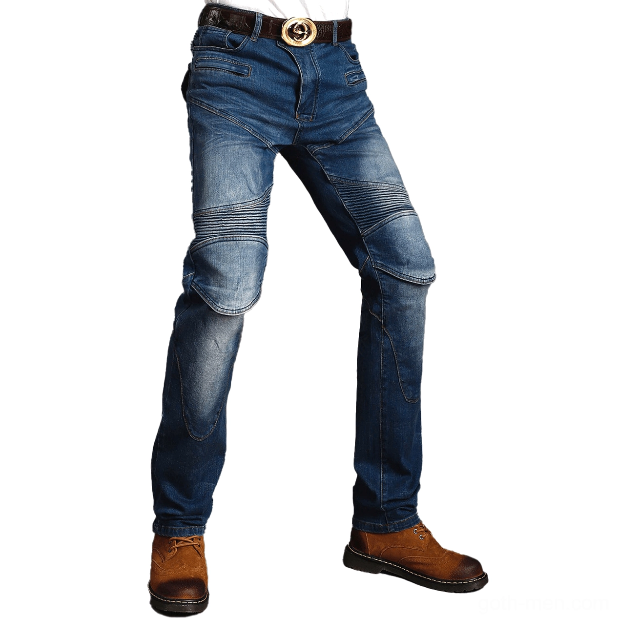 Blue washed gothic biker protective jeans with reinforced knee panels worn on male model, right side front view