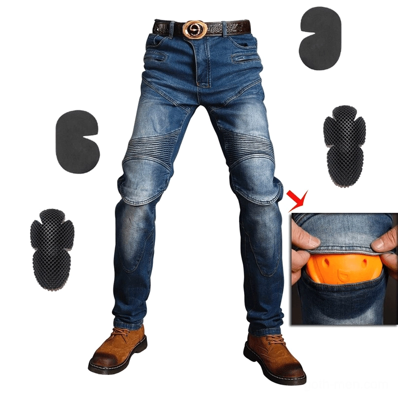 Blue washed gothic protective biker jeans on male model showing removable armor pad system and form-fitting cut