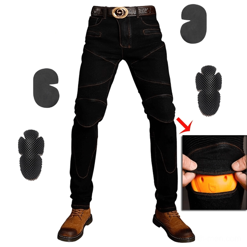 Black gothic protective motorcycle jeans highlighting armor pad pockets for knees and hips, front protective gear slots visible