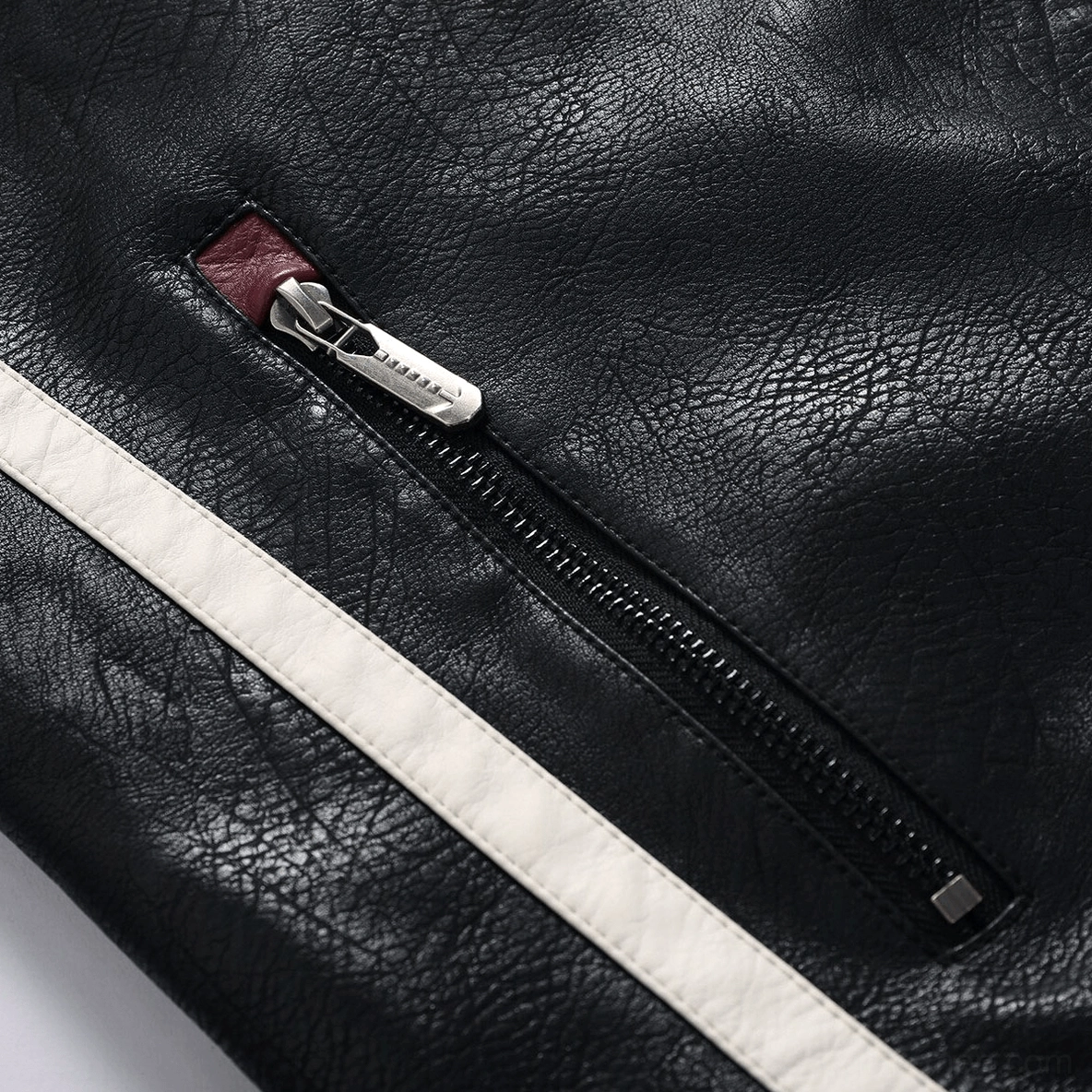 Alternative angle of gothic color-block PU biker jacket showcasing design proportions