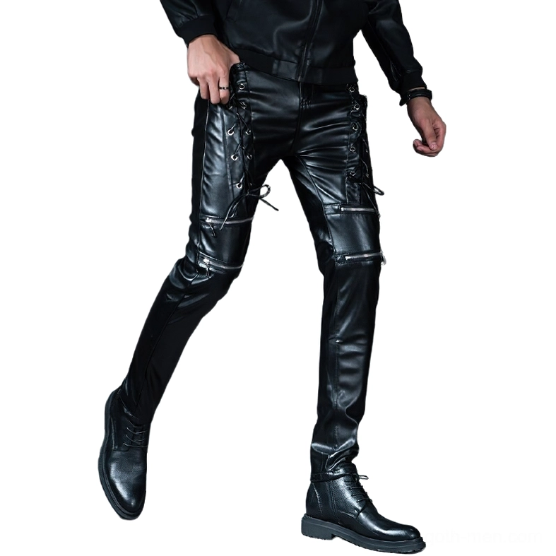 Men's alternative gothic biker trousers with tactical lace-up details and zipper pockets, side three-quarter view of black glossy faux leather