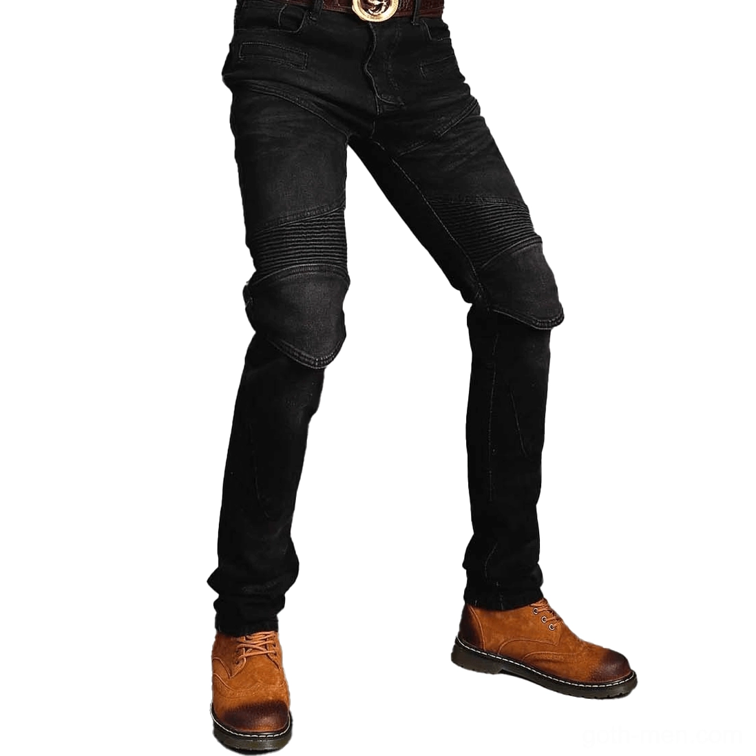 Black washed gothic motorcycle protective jeans with ribbed knee reinforcement, left front angle on male model