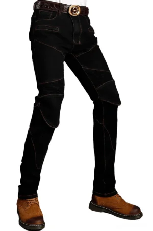 Black gothic protective motorcycle jeans with ribbed knee panels and armor pad pockets, displayed on male model from left front angle