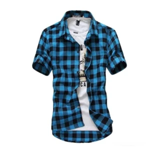 Blue and black checkered gothic plaid shirt for men - short sleeve rock style front display