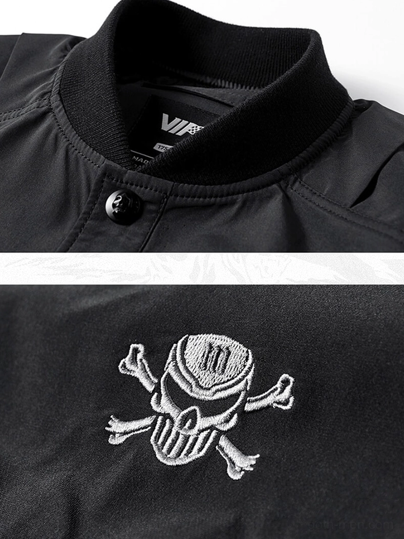 Ribbed knit collar and metal snap button detail of gothic reaper bomber jacket