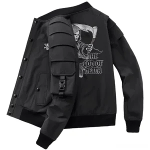 Gothic skull bomber jacket side rear view showing tactical arm pocket and reaper artwork