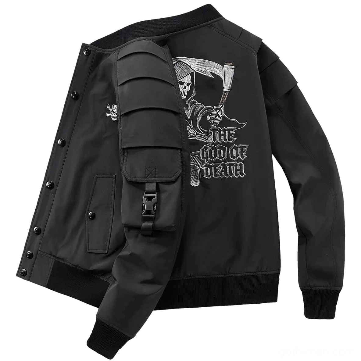 Gothic skull bomber jacket side rear view showing tactical arm pocket and reaper artwork