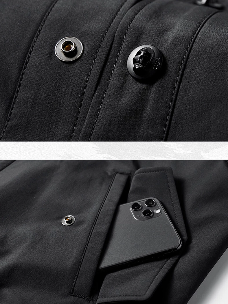 Metal snap fasteners and side flap pocket detail of gothic skull bomber jacket for storage