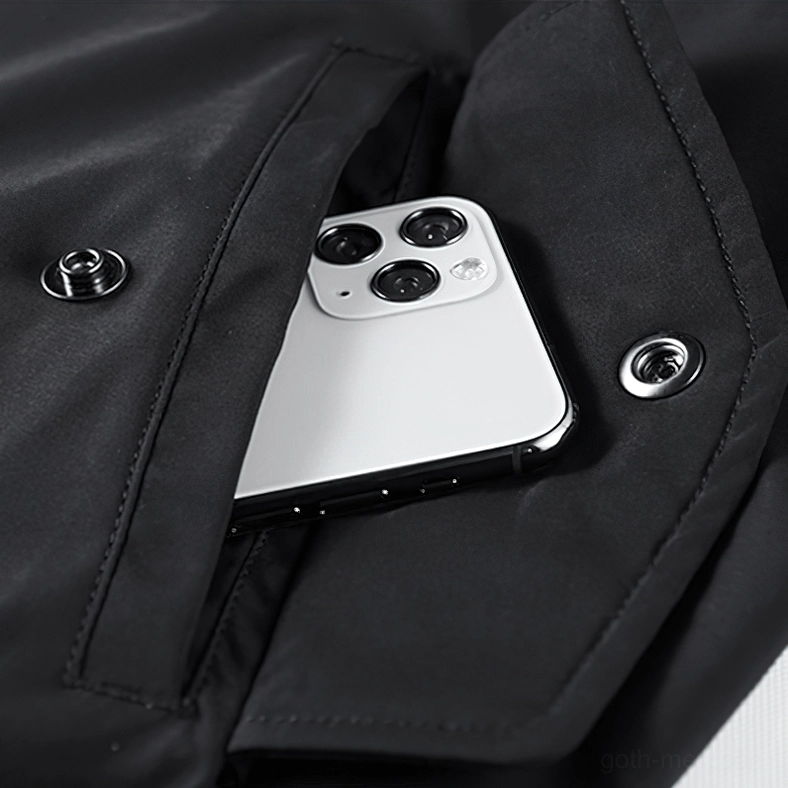 Functional snap pocket detail on skull embroidery bomber jacket - smartphone fitting flap pocket with sturdy nylon fabric