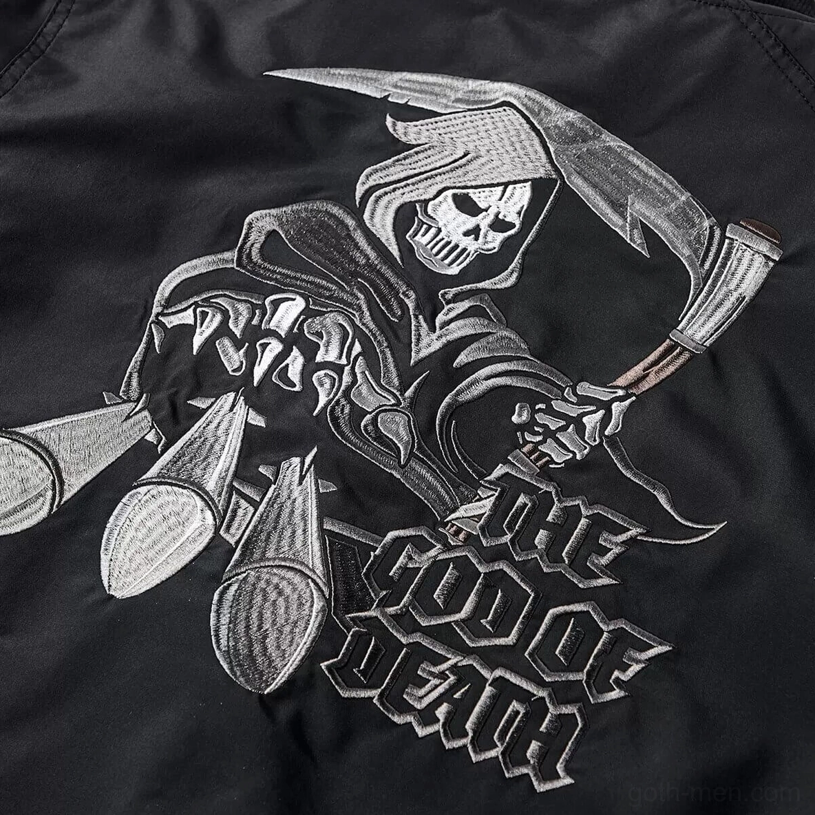 Close-up detail of large grim reaper embroidery with THE GOD OF DEATH lettering on back