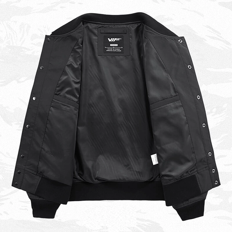 Shoulder pleating and tactical arm pouch with buckle strap on goth bomber jacket