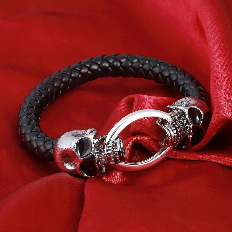 Unisex gothic leather bracelet collection - dragon and skull designs in black leather with polished silver metal finishes