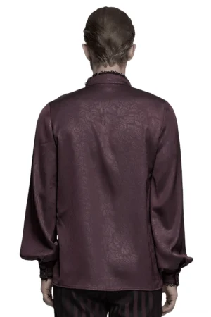 Gothic burgundy lace shirt rear view - floral jacquard weave back detail on male model