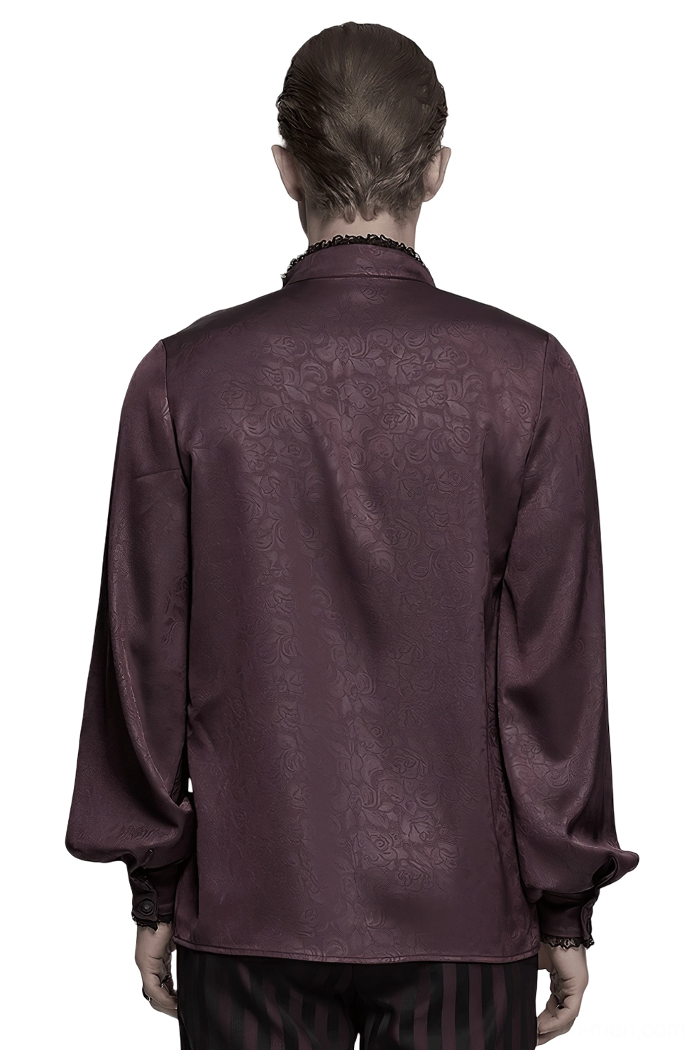 Gothic burgundy lace shirt rear view - floral jacquard weave back detail on male model
