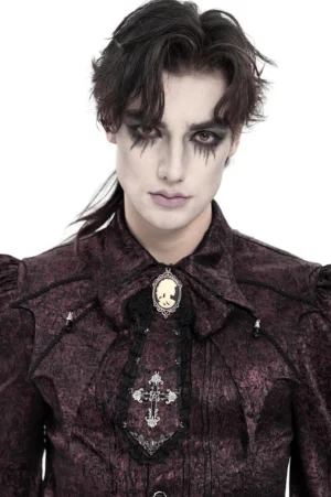 Male goth model wearing burgundy cameo cross lace cravat with Gothic formal shirt