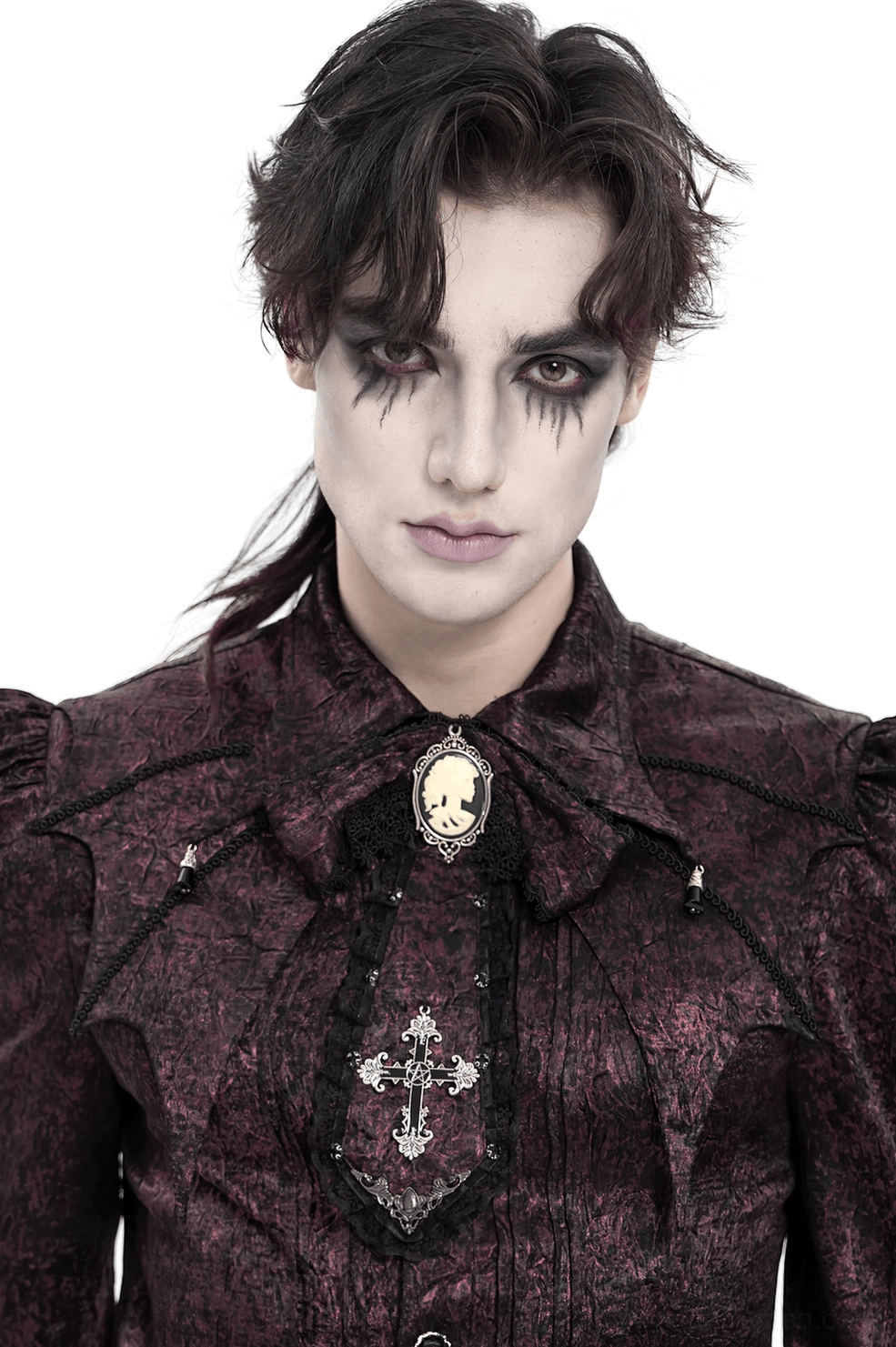 Male goth model wearing burgundy cameo cross lace cravat with Gothic formal shirt