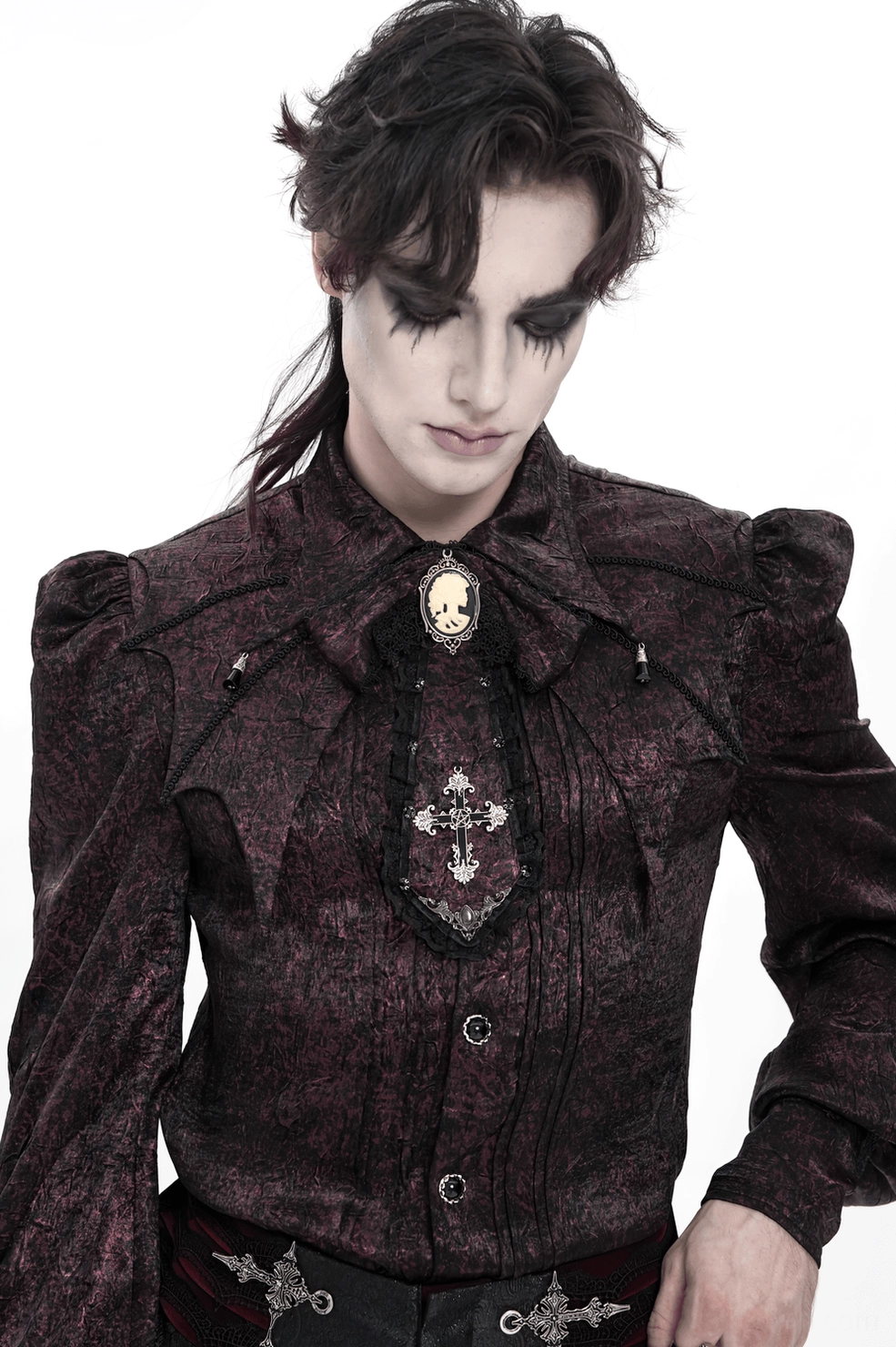 Burgundy cameo cross lace cravat Gothic neckwear product shot with ornate details