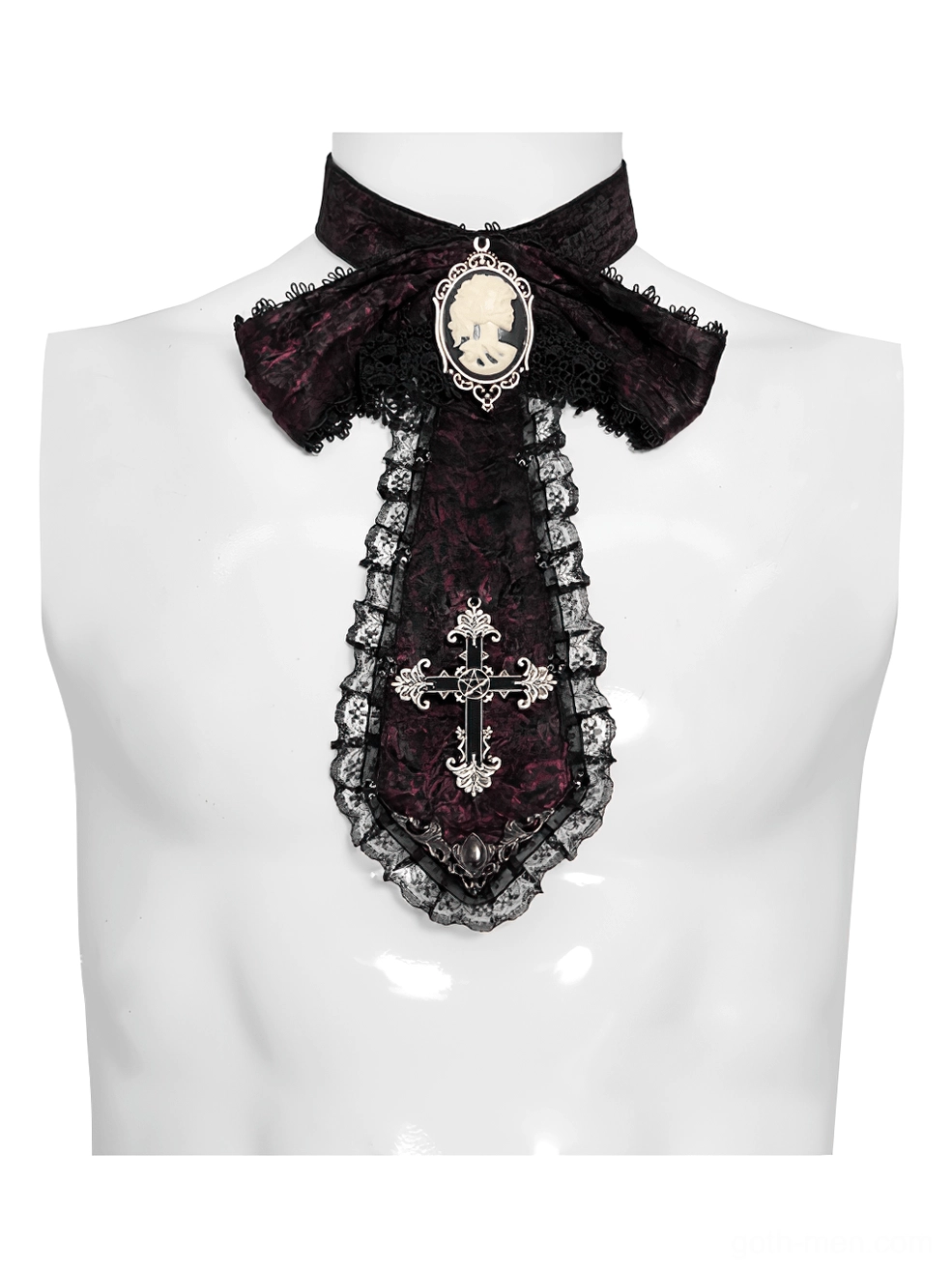 Frontal mannequin shot of burgundy cameo cross bow-tie style Gothic cravat neckwear