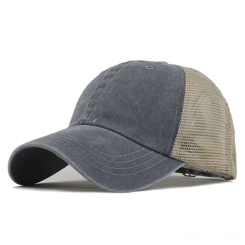 Light grey washed gothic baseball cap with stitched brim details and ventilation mesh