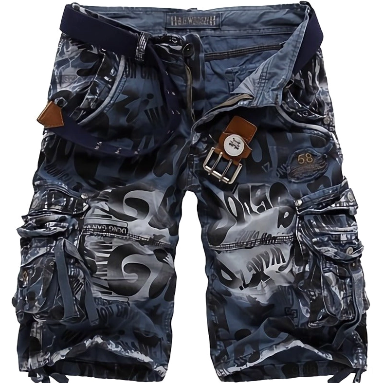 Blue-gray camouflage cargo shorts with metal buckle and dark blue belt for alternative style