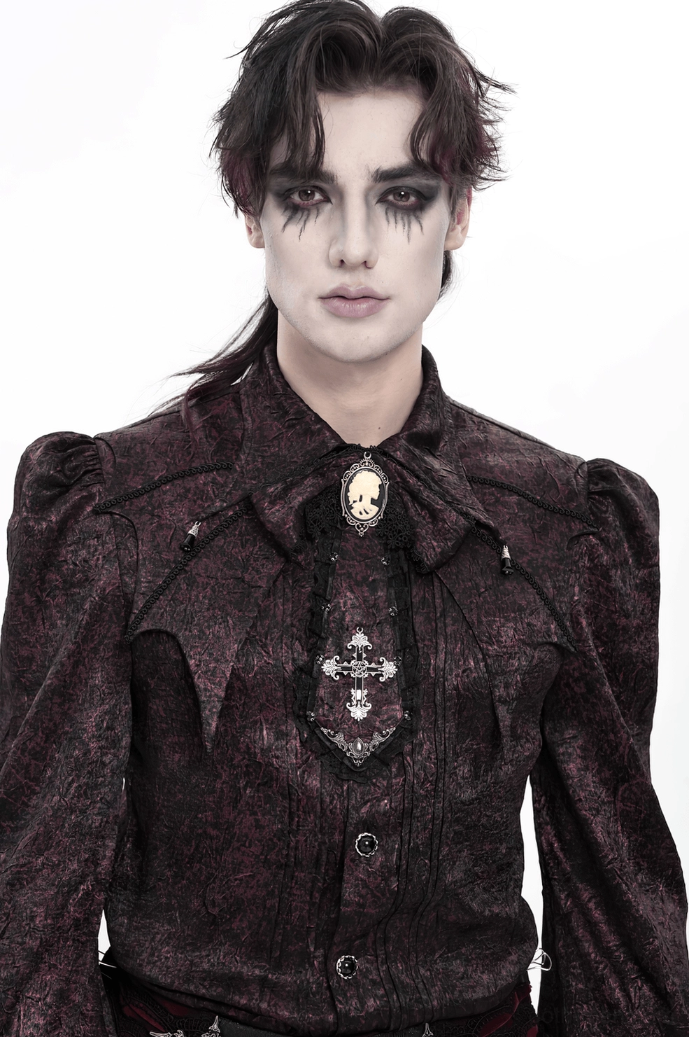 Side profile of burgundy Victorian Gothic cameo cravat neckwear on model