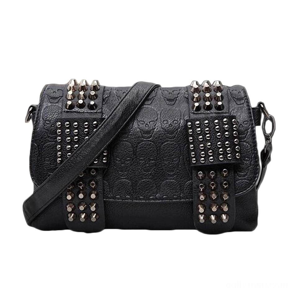 Black punk gothic studded shoulder bag three-quarter side view showing wide adjustable leather strap and rivet decorations