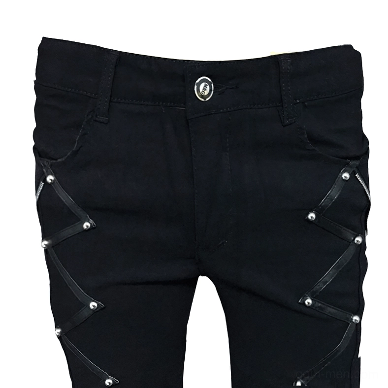 Black gothic jeans front close-up showing metal buttons and decorative zipper strap accents