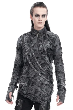 Gray distressed gothic sweatshirt with pentagram zippers front view on male model