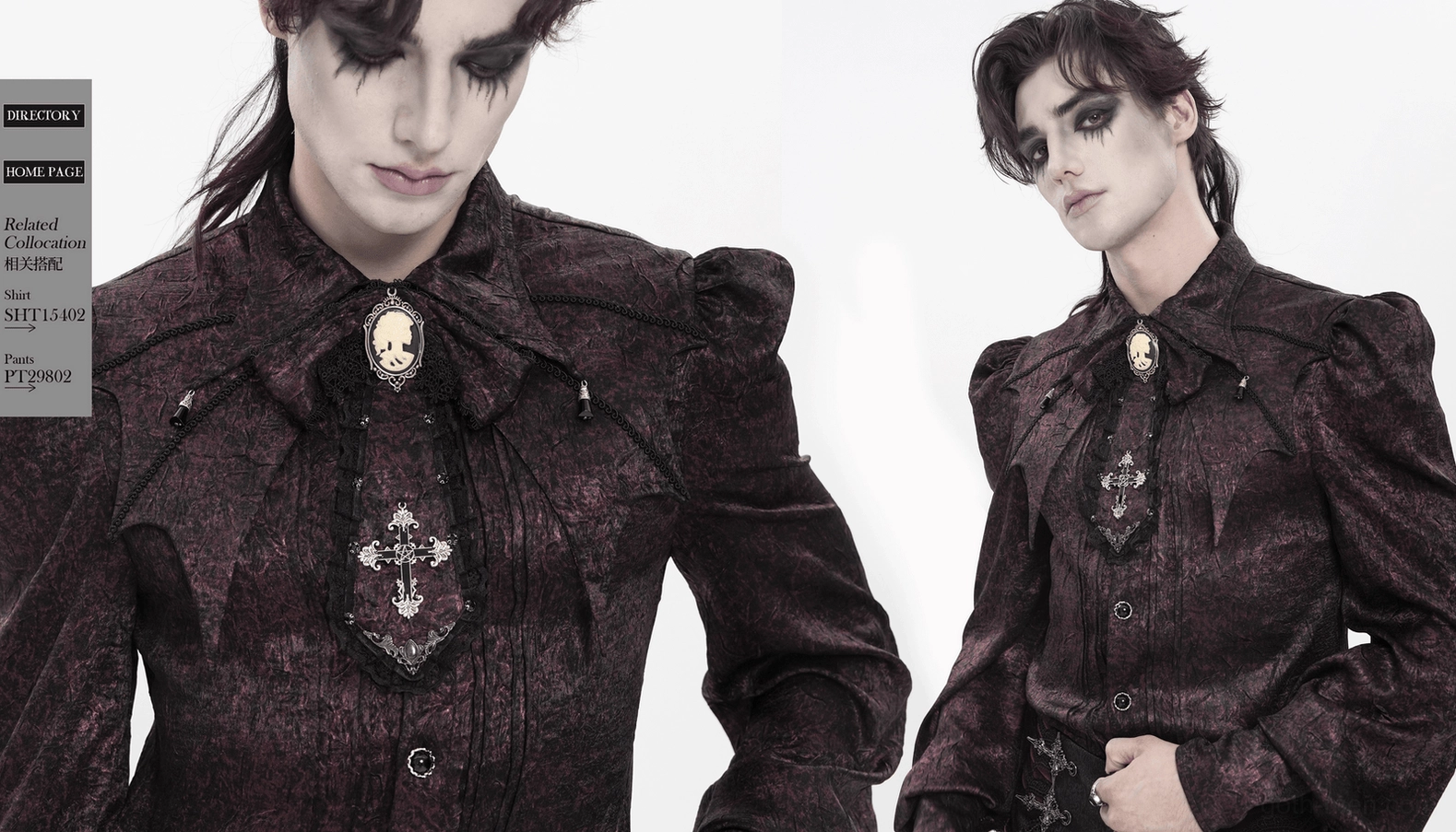 Burgundy cameo cross lace cravat styled as formal Gothic neckwear with complementary accessories