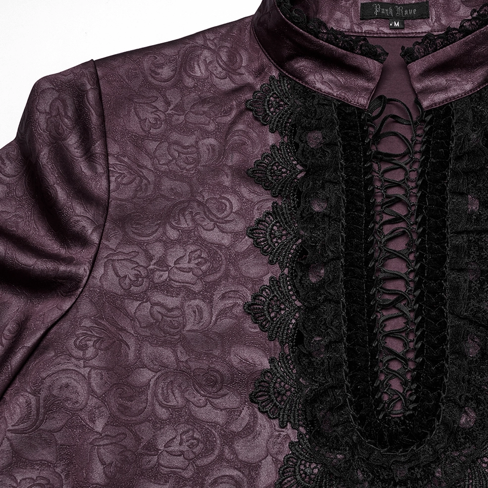 Front lace trim close-up - floral jacquard fabric with black lace and lace-up gothic details