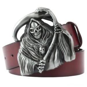 Grim reaper scythe metal buckle on burgundy genuine leather belt - close-up front view