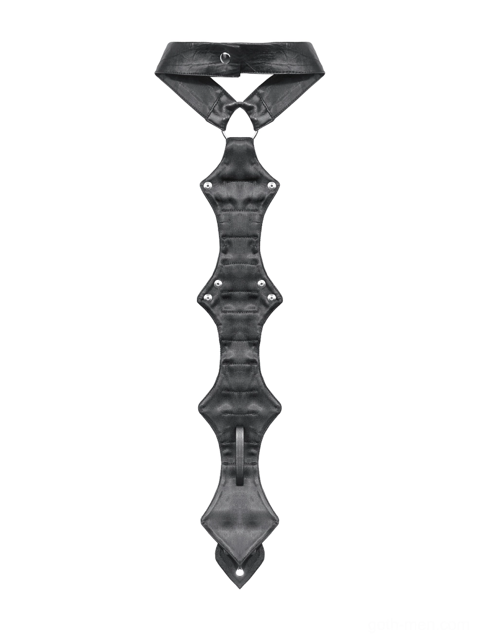 Flat lay back view of gothic faux leather neck harness displaying adjustable metal clasp and hardware