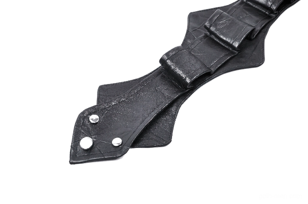 Macro photography of gothic neck harness showing round silver rivets and segmented faux leather construction