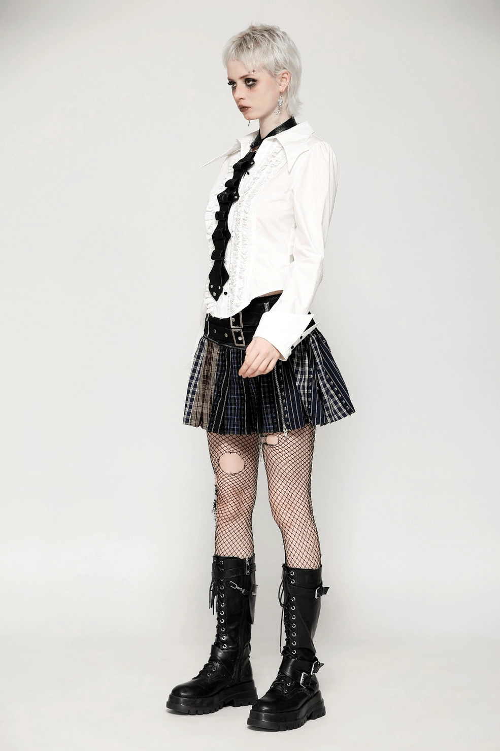 Gothic faux leather neck harness worn by model demonstrating fit and styling versatility