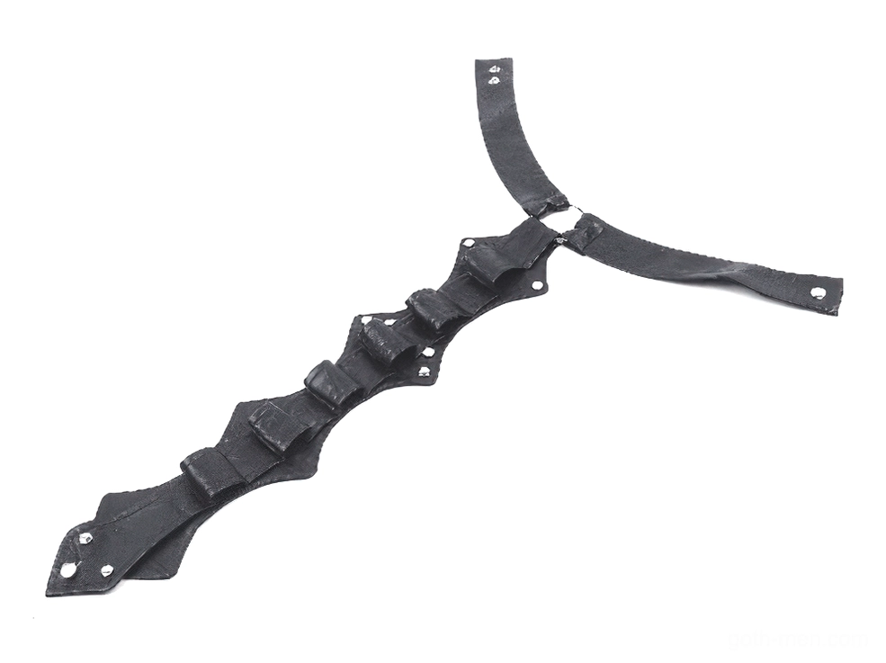 Y-shaped gothic faux leather neck harness flat lay showing complete segmented rivet pattern