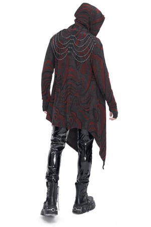Back view of gothic chain-adorned hooded coat showing signature rows of chains and asymmetrical hemline with punk styling on male model