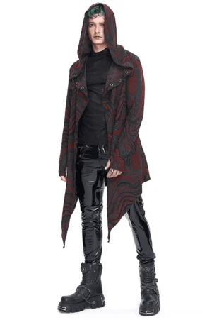 Men's marbled red-black gothic hooded coat front view with chain-back design, featuring asymmetrical hem and fingerless sleeves on male model