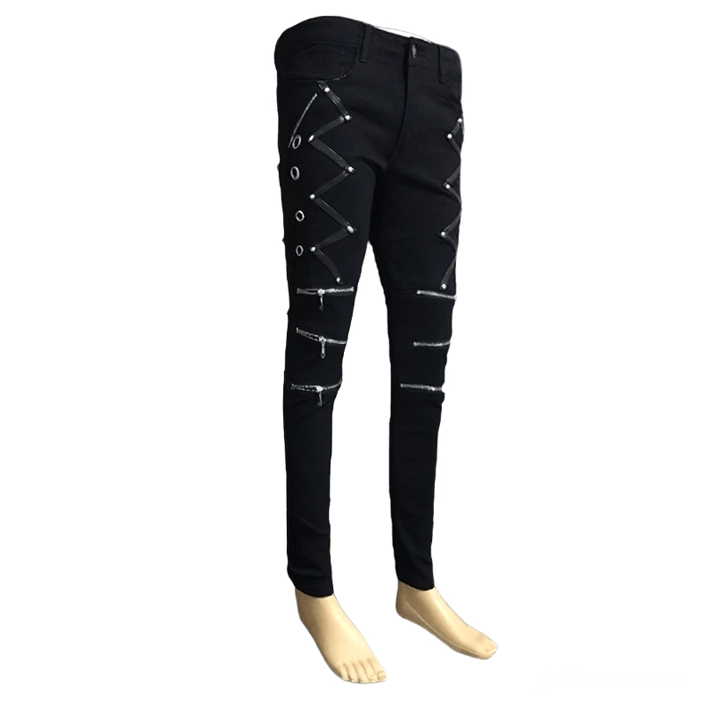 Black gothic slim-fit jeans mannequin display showing zipper and rivet decorations full view