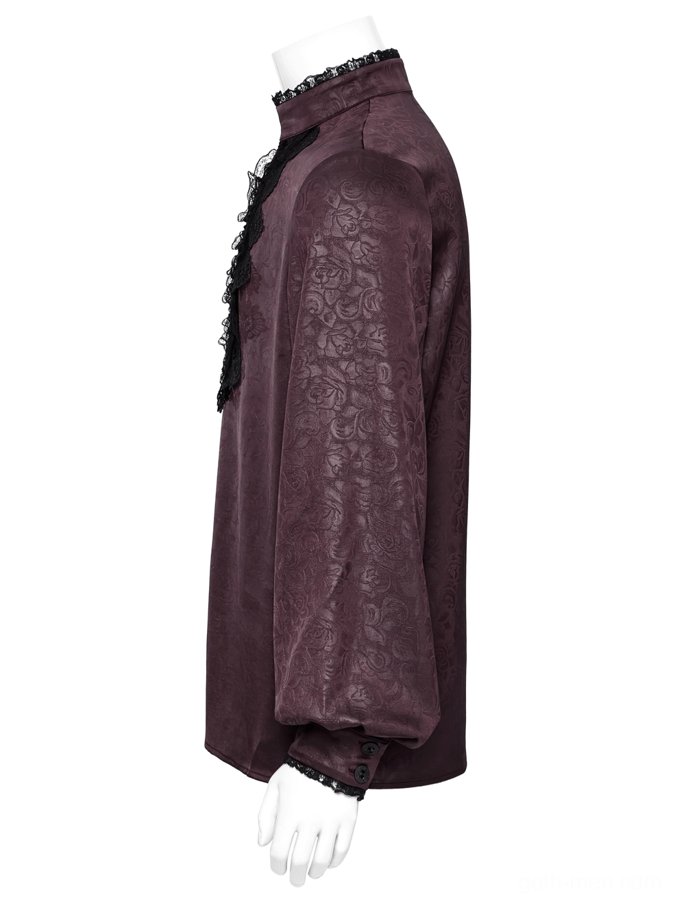 Gothic lace shirt side view - mannequin showing collar detail, lace cuff trim, and lantern sleeve