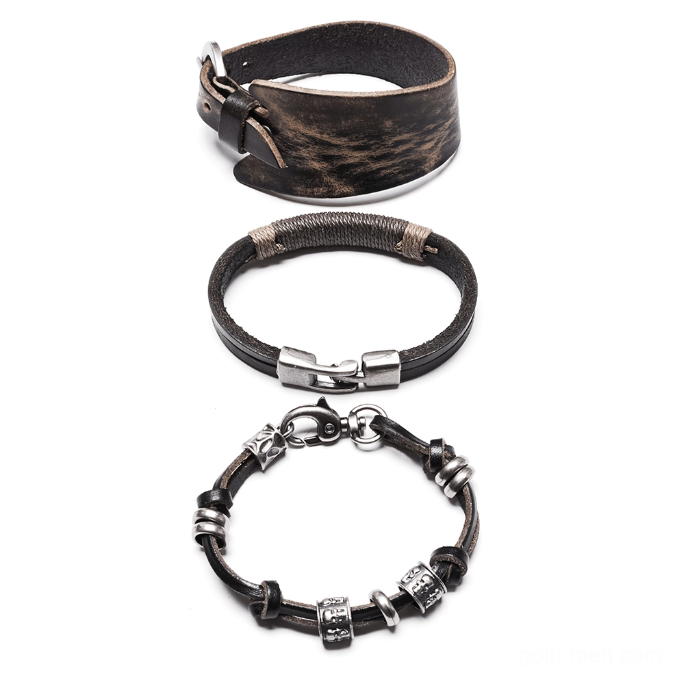 Gothic leather bracelet set display, belt buckle cuff, thin clasp design, and engraved bead bracelet in distressed brown-black finish, metal hardware details