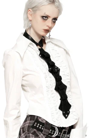 Black faux leather gothic neck harness profile view showing Y-shaped segmented design and adjustable clasp